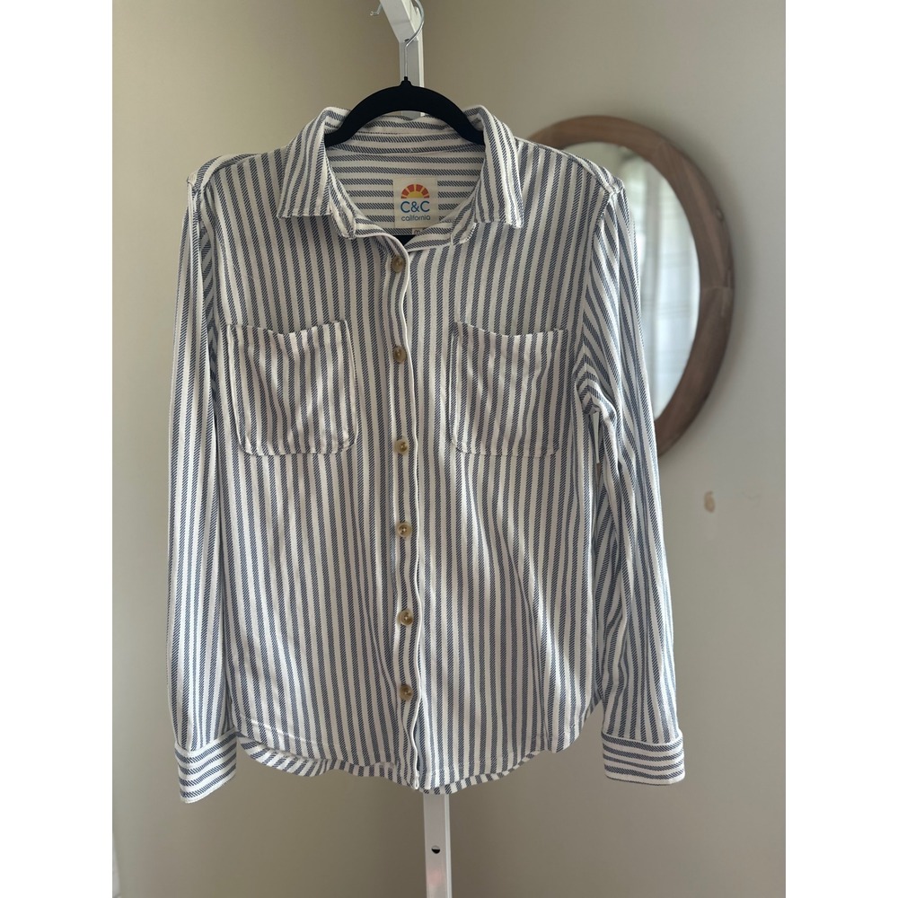 C&C California Womens Navy White Striped Knit Button Down Size M Buttersoft